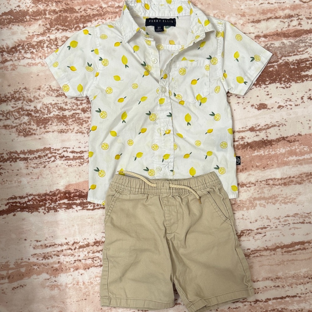 Perry Ellis Kids Lemon Print Shirt - White and Yellow